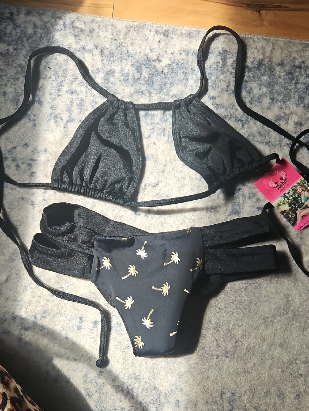 Black Two-Piece Bikini Set with Palm Print Bottom